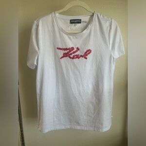 Karl Lagerfeld White Tee with KARL Pink and Red letters.
